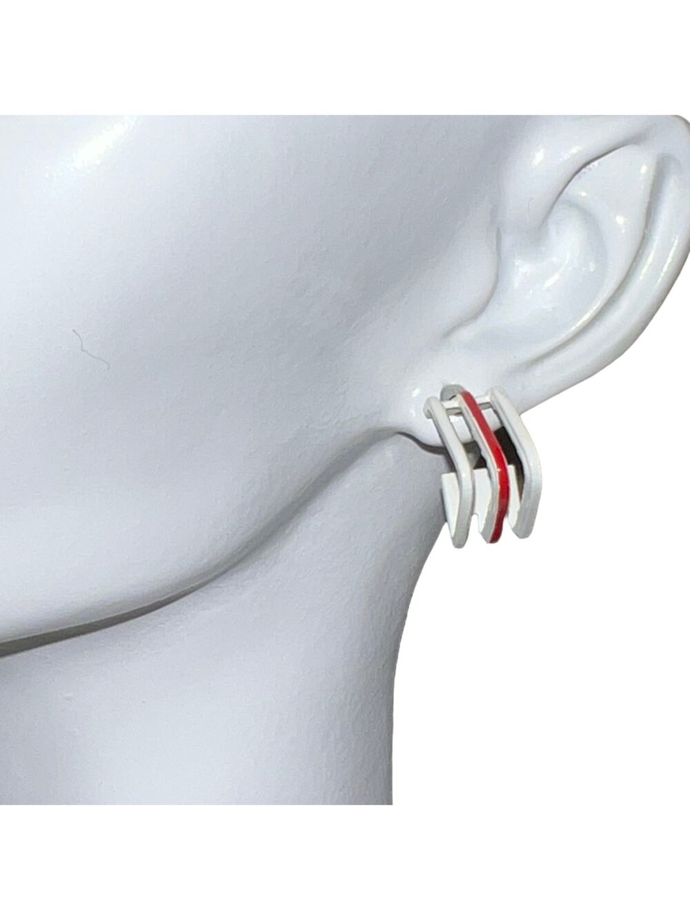 Vintage Angular Red & White Tri-Hoop Post Earrings 1980s Geometric